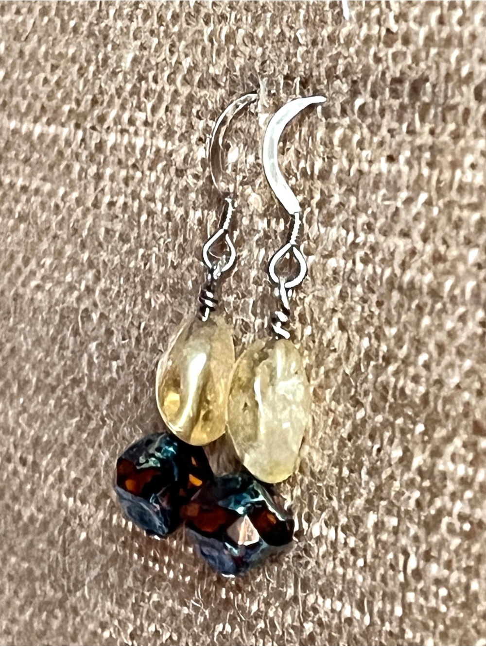 Artisan Citrine & Amber?? Sterling Silver Earrings Dangle Drop Pierced 1.5" Long